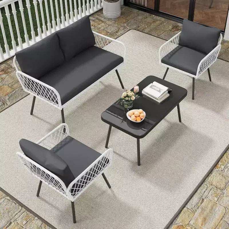 Ensemble de meubles de patio Acekool 3 pièces avec 2 chaises et causeuse en rotin PE, table basse en verre, sièges extérieurs avec coussins pour balcon et jardin