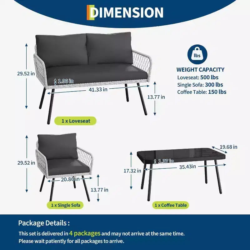 Ensemble de meubles de patio Acekool 3 pièces avec 2 chaises et causeuse en rotin PE, table basse en verre, sièges extérieurs avec coussins pour balcon et jardin