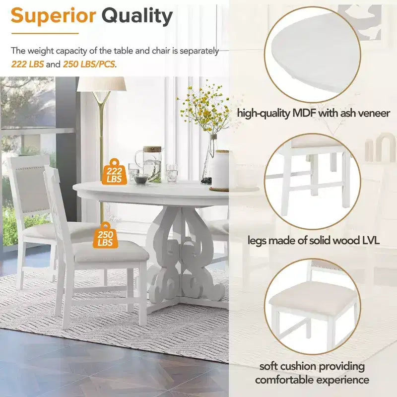 Ensemble de salle à manger rétro 5 pièces avec table extensible et 4 chaises rembourrées, rallonge de 40 cm, idéal pour la cuisine et la salle à manger