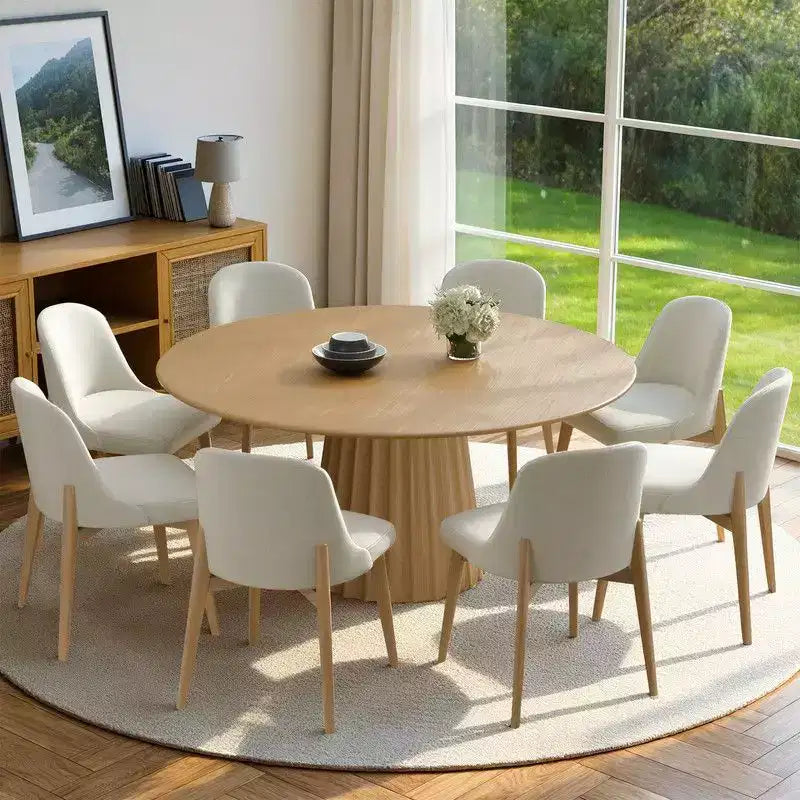 Ensemble table à manger ronde moderne PexFix 60 avec 8 chaises rembourrées Plateau en bois texturé naturel Base piédestal plissée Sièges beiges pour cuisine et salle à manger