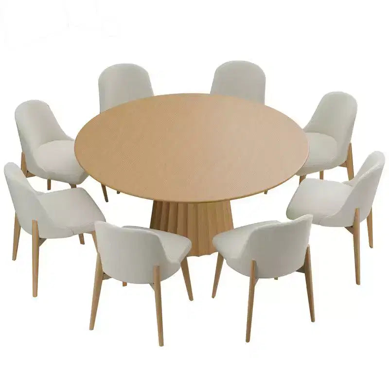 Ensemble table à manger ronde moderne PexFix 60 avec 8 chaises rembourrées Plateau en bois texturé naturel Base piédestal plissée Sièges beiges pour cuisine et salle à manger