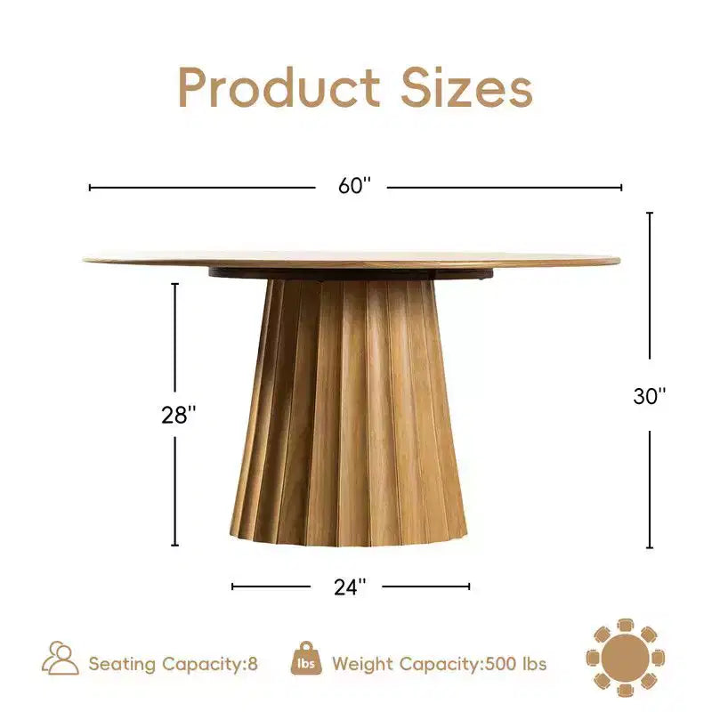 Ensemble table à manger ronde moderne PexFix 60 avec 8 chaises rembourrées Plateau en bois texturé naturel Base piédestal plissée Sièges beiges pour cuisine et salle à manger