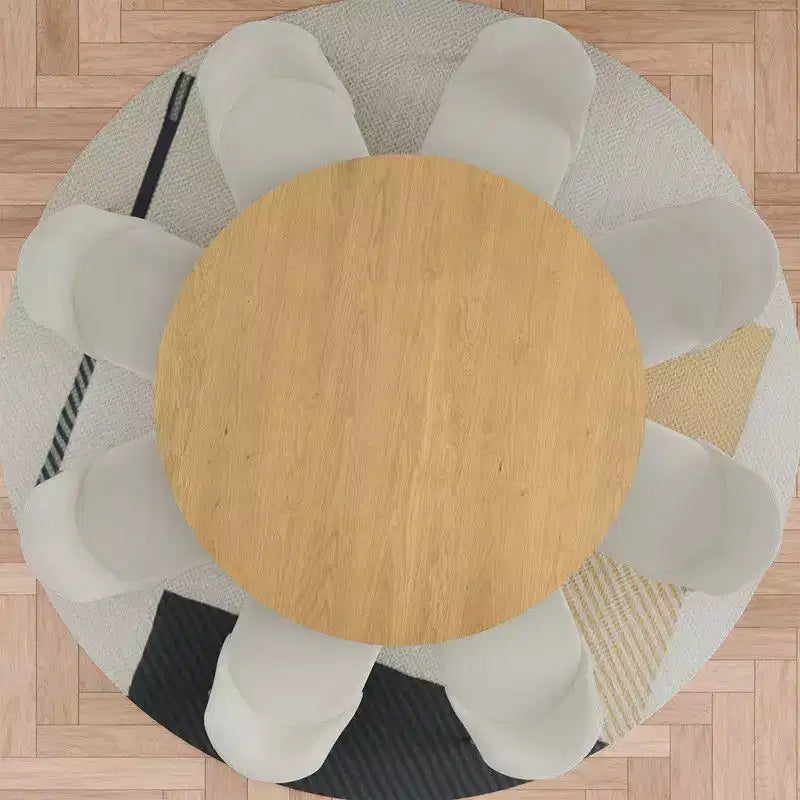 Ensemble table à manger ronde moderne PexFix 60 avec 8 chaises rembourrées Plateau en bois texturé naturel Base piédestal plissée Sièges beiges pour cuisine et salle à manger