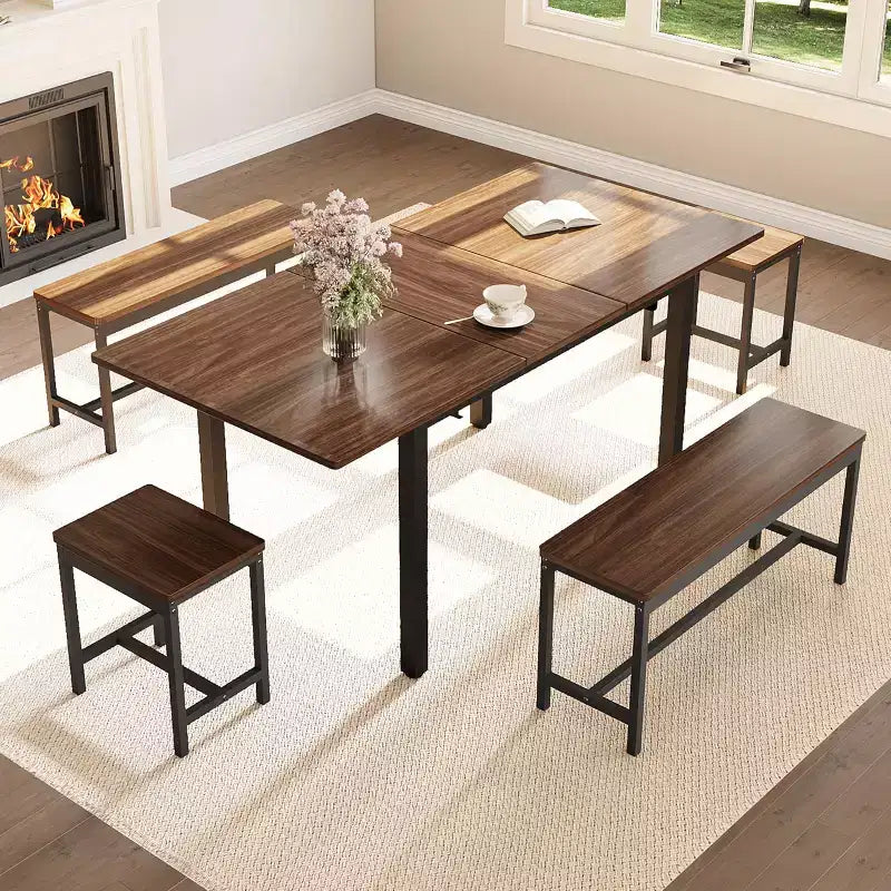 Ensemble de table à manger extensible TROPOW pour 6 à 8 personnes, table en bois de style rustique avec 2 bancs et 2 tabourets