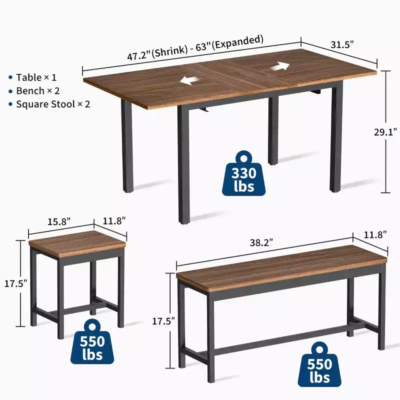 Ensemble de table à manger extensible TROPOW pour 6 à 8 personnes, table en bois de style rustique avec 2 bancs et 2 tabourets