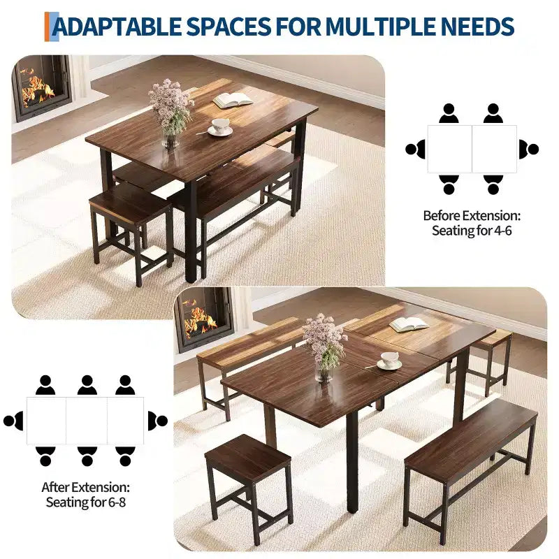 Ensemble de table à manger extensible TROPOW pour 6 à 8 personnes, table en bois de style rustique avec 2 bancs et 2 tabourets