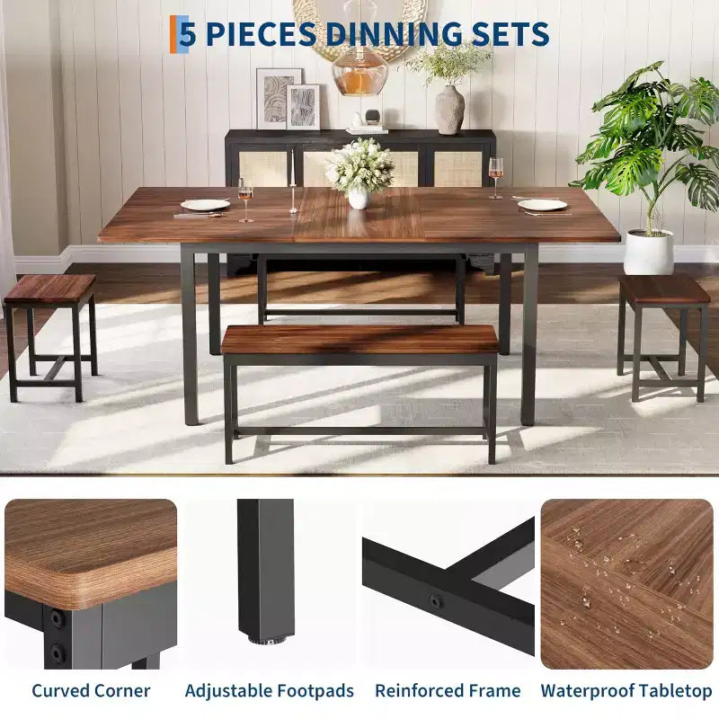 Ensemble de table à manger extensible TROPOW pour 6 à 8 personnes, table en bois de style rustique avec 2 bancs et 2 tabourets