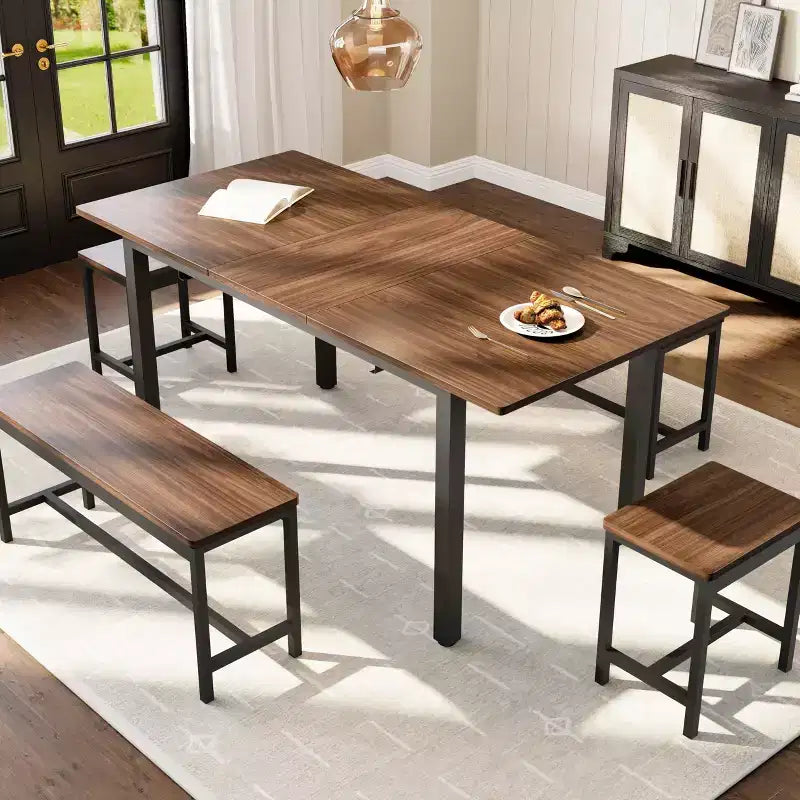 Ensemble de table à manger extensible TROPOW pour 6 à 8 personnes, table en bois de style rustique avec 2 bancs et 2 tabourets