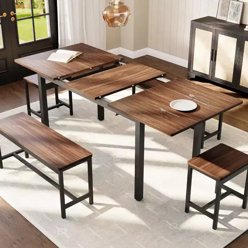 Ensemble de table à manger extensible TROPOW pour 6 à 8 personnes, table en bois de style rustique avec 2 bancs et 2 tabourets