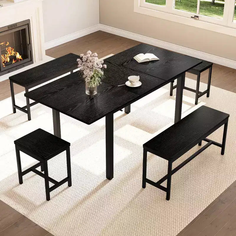 Ensemble de table à manger extensible TROPOW pour 6 à 8 personnes, table en bois de style rustique avec 2 bancs et 2 tabourets