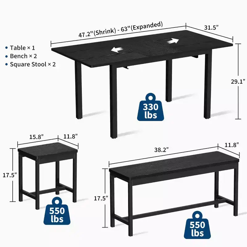 Ensemble de table à manger extensible TROPOW pour 6 à 8 personnes, table en bois de style rustique avec 2 bancs et 2 tabourets