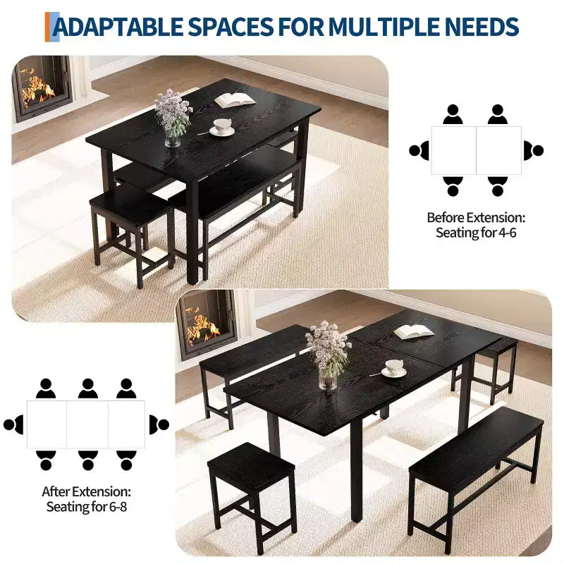 Ensemble de table à manger extensible TROPOW pour 6 à 8 personnes, table en bois de style rustique avec 2 bancs et 2 tabourets