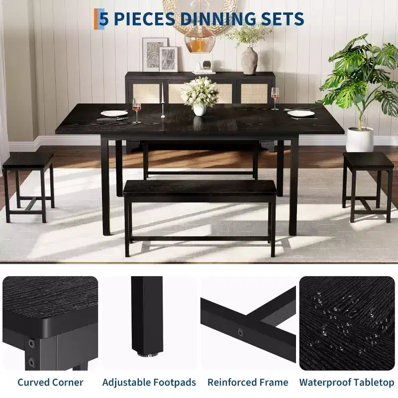 Ensemble de table à manger extensible TROPOW pour 6 à 8 personnes, table en bois de style rustique avec 2 bancs et 2 tabourets