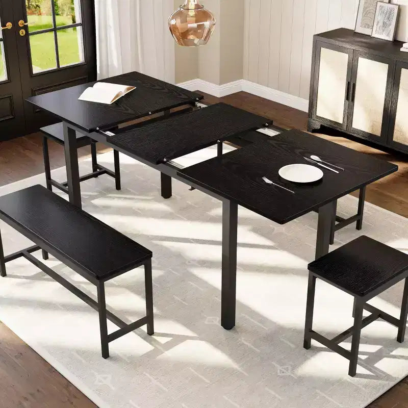 Ensemble de table à manger extensible TROPOW pour 6 à 8 personnes, table en bois de style rustique avec 2 bancs et 2 tabourets