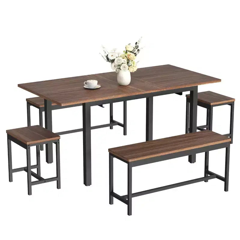 Ensemble de table à manger extensible TROPOW pour 6 à 8 personnes, table en bois de style rustique avec 2 bancs et 2 tabourets