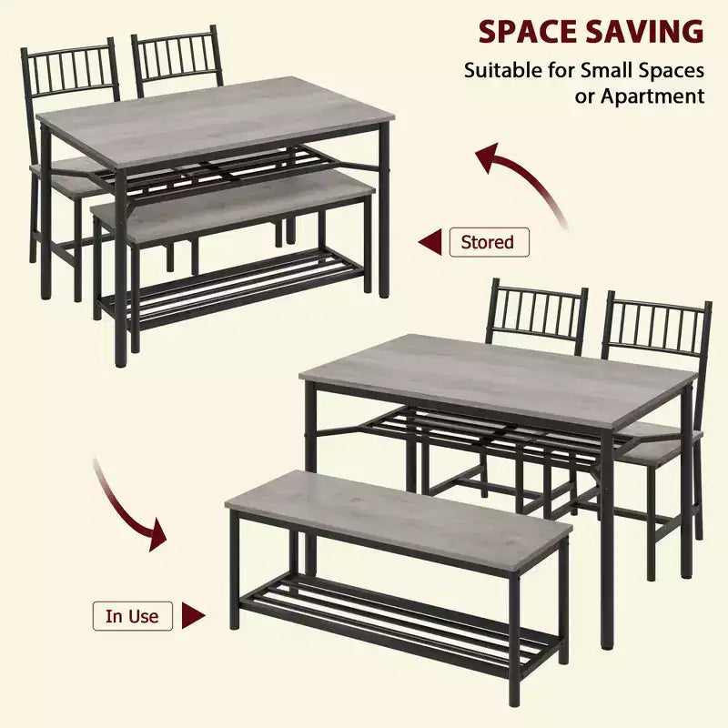 Ensemble de 4 chaises de cuisine, ensemble de table à manger pour 4 avec banc et chaises, ensemble de 4 pièces de table de cuisine avec étagère de rangement pour petit espace