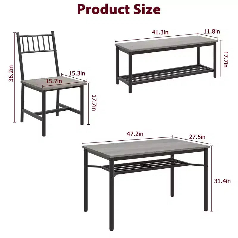 Ensemble de 4 chaises de cuisine, ensemble de table à manger pour 4 avec banc et chaises, ensemble de 4 pièces de table de cuisine avec étagère de rangement pour petit espace