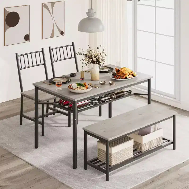 Ensemble de 4 chaises de cuisine, ensemble de table à manger pour 4 avec banc et chaises, ensemble de 4 pièces de table de cuisine avec étagère de rangement pour petit espace