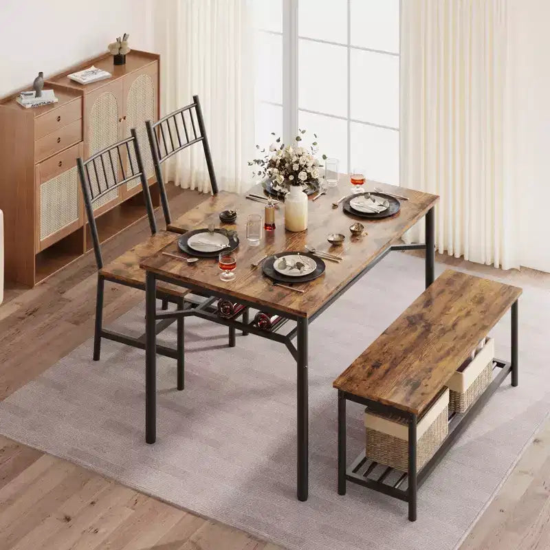 Ensemble de 4 chaises de cuisine, ensemble de table à manger pour 4 avec banc et chaises, ensemble de 4 pièces de table de cuisine avec étagère de rangement pour petit espace