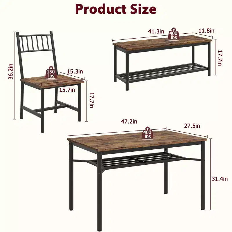 Ensemble de 4 chaises de cuisine, ensemble de table à manger pour 4 avec banc et chaises, ensemble de 4 pièces de table de cuisine avec étagère de rangement pour petit espace