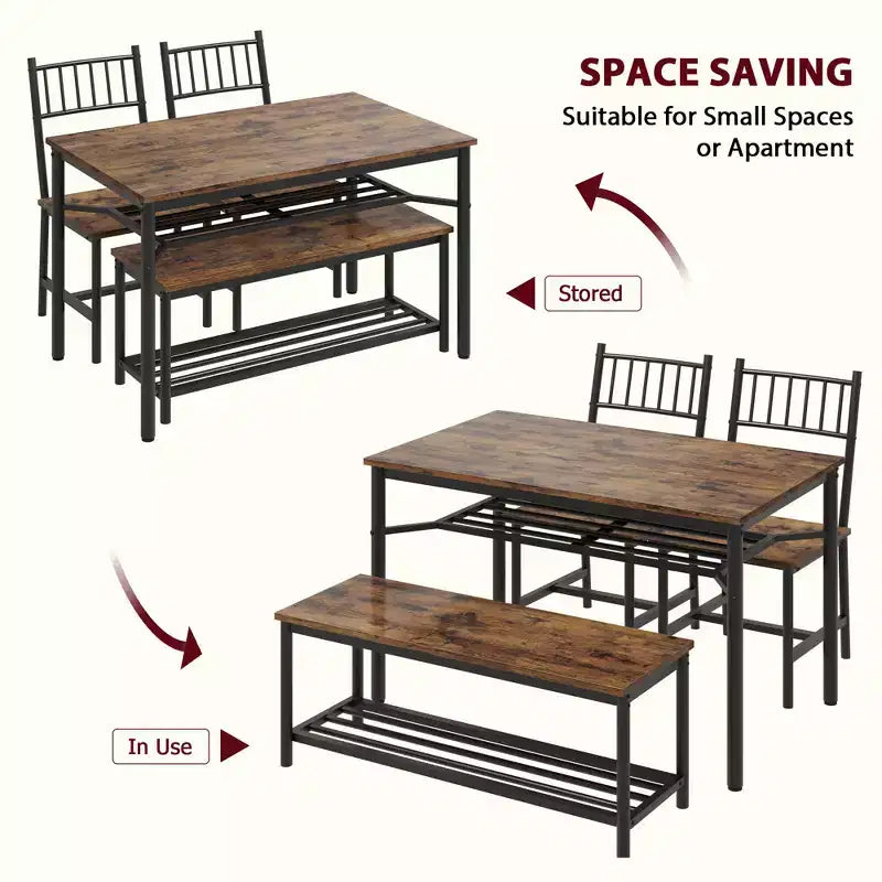Ensemble de 4 chaises de cuisine, ensemble de table à manger pour 4 avec banc et chaises, ensemble de 4 pièces de table de cuisine avec étagère de rangement pour petit espace