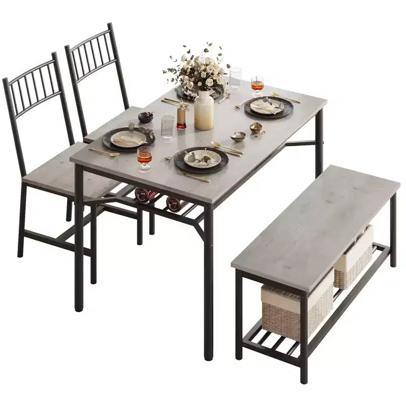 Ensemble de 4 chaises de cuisine, ensemble de table à manger pour 4 avec banc et chaises, ensemble de 4 pièces de table de cuisine avec étagère de rangement pour petit espace