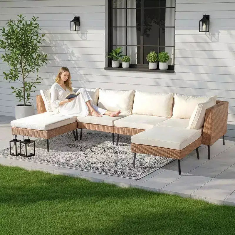 Karl Home Patio 6-Piece Yellow Wicker Sectional Sofa with Beige Cushions