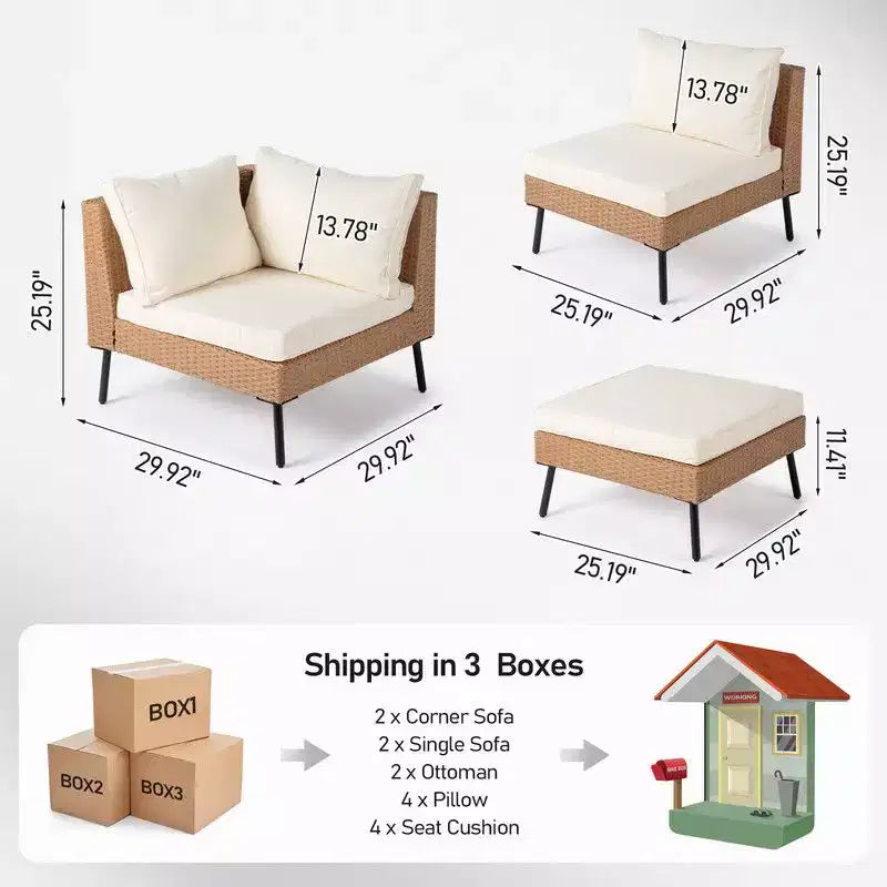 Canapé d'angle en osier jaune 6 pièces Karl Home Patio avec coussins beiges