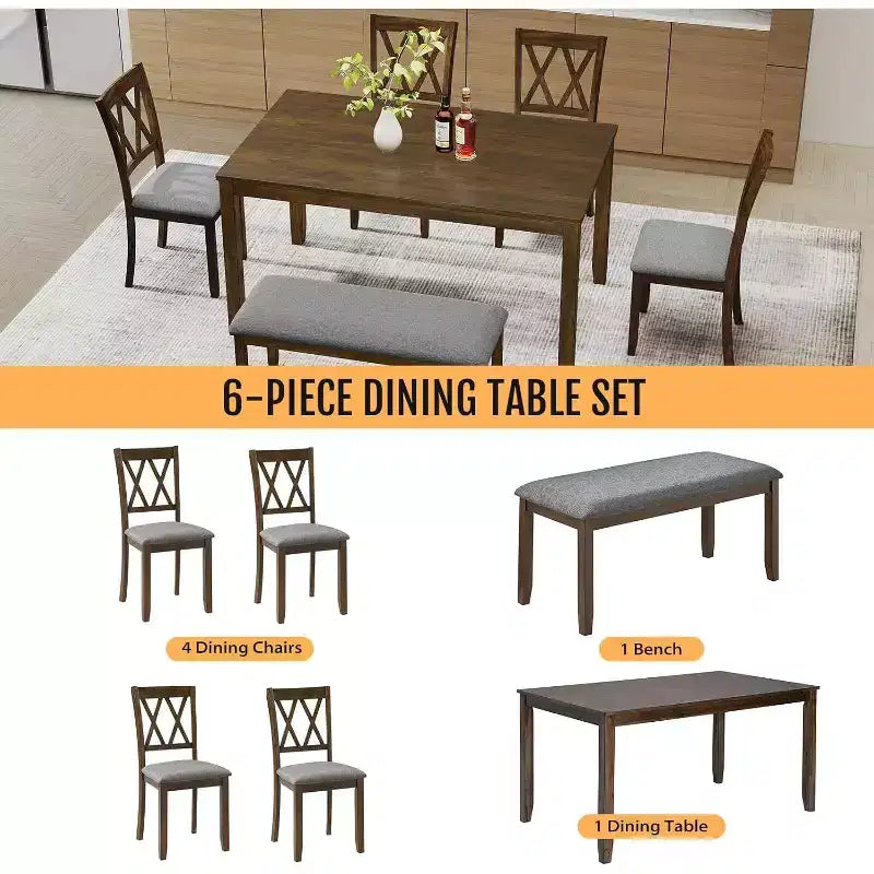 Ensemble de salle à manger Zevemomo 6 pièces en bois massif, comprenant 1 table à manger, 4 chaises rembourrées et 1 banc, pour salle à manger et cuisine, noyer