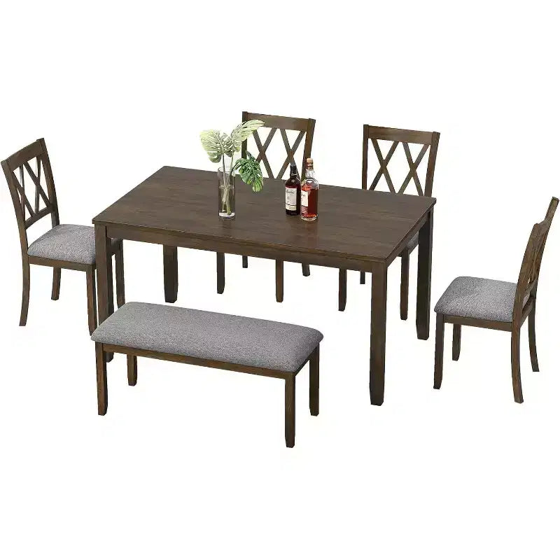 Ensemble de salle à manger Zevemomo 6 pièces en bois massif, comprenant 1 table à manger, 4 chaises rembourrées et 1 banc, pour salle à manger et cuisine, noyer