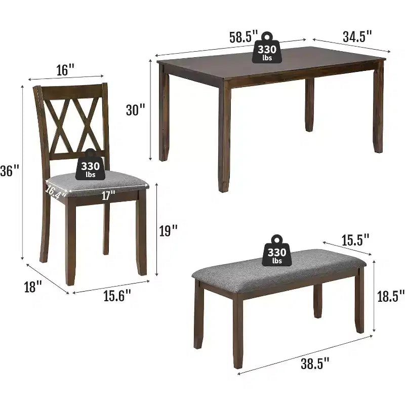 Ensemble de salle à manger Zevemomo 6 pièces en bois massif, comprenant 1 table à manger, 4 chaises rembourrées et 1 banc, pour salle à manger et cuisine, noyer