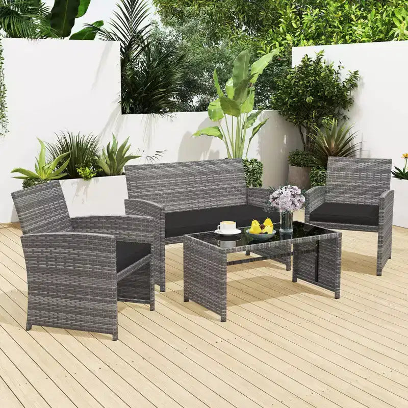 Costway Salon de jardin 4 pièces avec coussins d'assise et plateau de table en verre trempé, Extérieur Rouge/Noir/Blanc cassé/Gris/Turquoise/Bleu marine