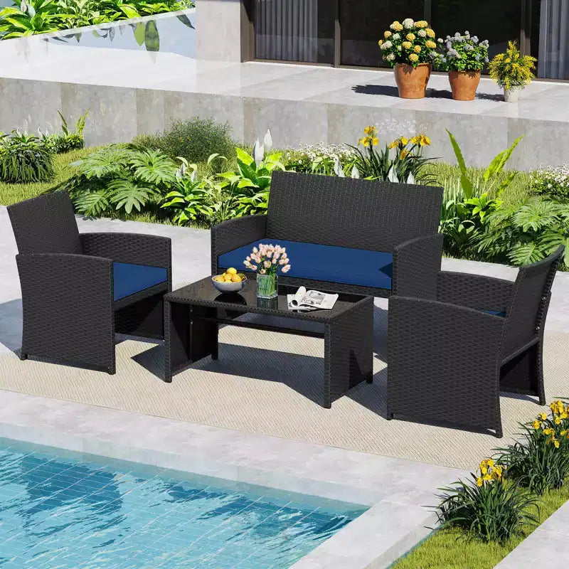 Costway Salon de jardin 4 pièces avec coussins d'assise et plateau de table en verre trempé, Extérieur Rouge/Noir/Blanc cassé/Gris/Turquoise/Bleu marine