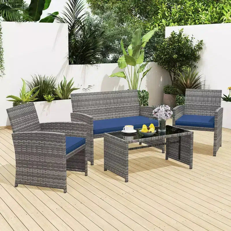 Costway Salon de jardin 4 pièces avec coussins d'assise et plateau de table en verre trempé, Extérieur Rouge/Noir/Blanc cassé/Gris/Turquoise/Bleu marine