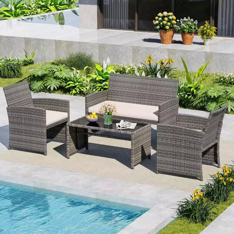 Costway Salon de jardin 4 pièces avec coussins d'assise et plateau de table en verre trempé, Extérieur Rouge/Noir/Blanc cassé/Gris/Turquoise/Bleu marine