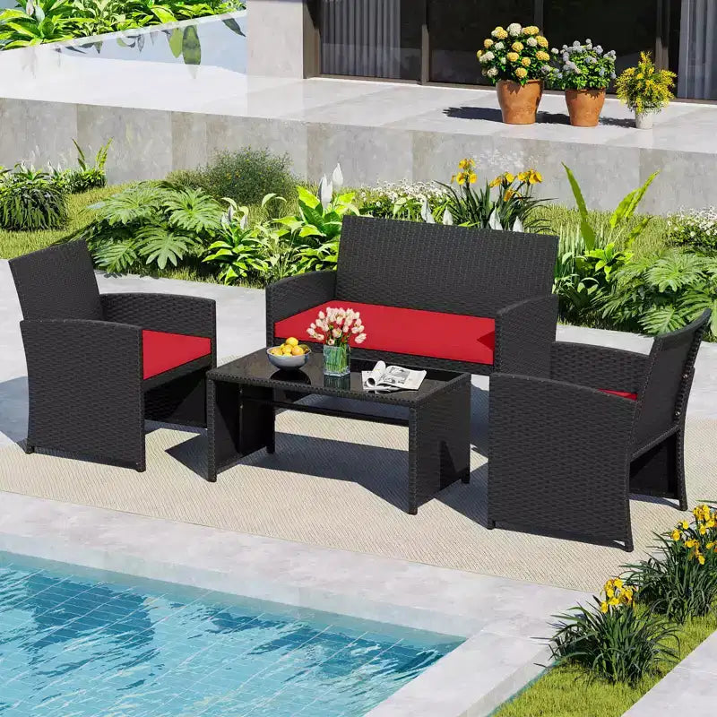Costway Salon de jardin 4 pièces avec coussins d'assise et plateau de table en verre trempé, Extérieur Rouge/Noir/Blanc cassé/Gris/Turquoise/Bleu marine