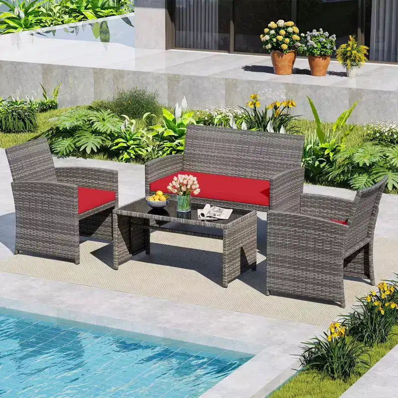 Costway Salon de jardin 4 pièces avec coussins d'assise et plateau de table en verre trempé, Extérieur Rouge/Noir/Blanc cassé/Gris/Turquoise/Bleu marine