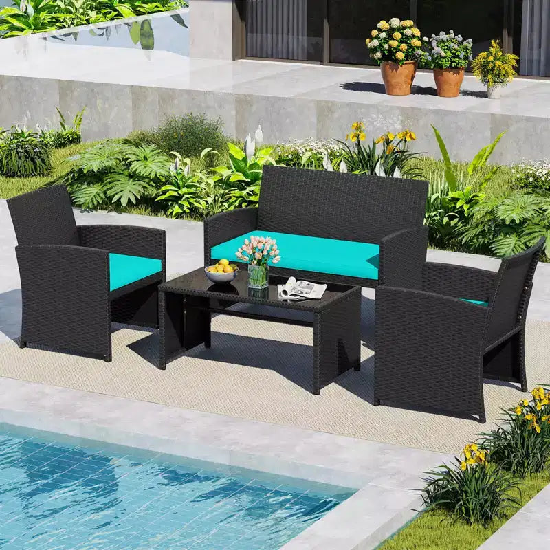 Costway Salon de jardin 4 pièces avec coussins d'assise et plateau de table en verre trempé, Extérieur Rouge/Noir/Blanc cassé/Gris/Turquoise/Bleu marine