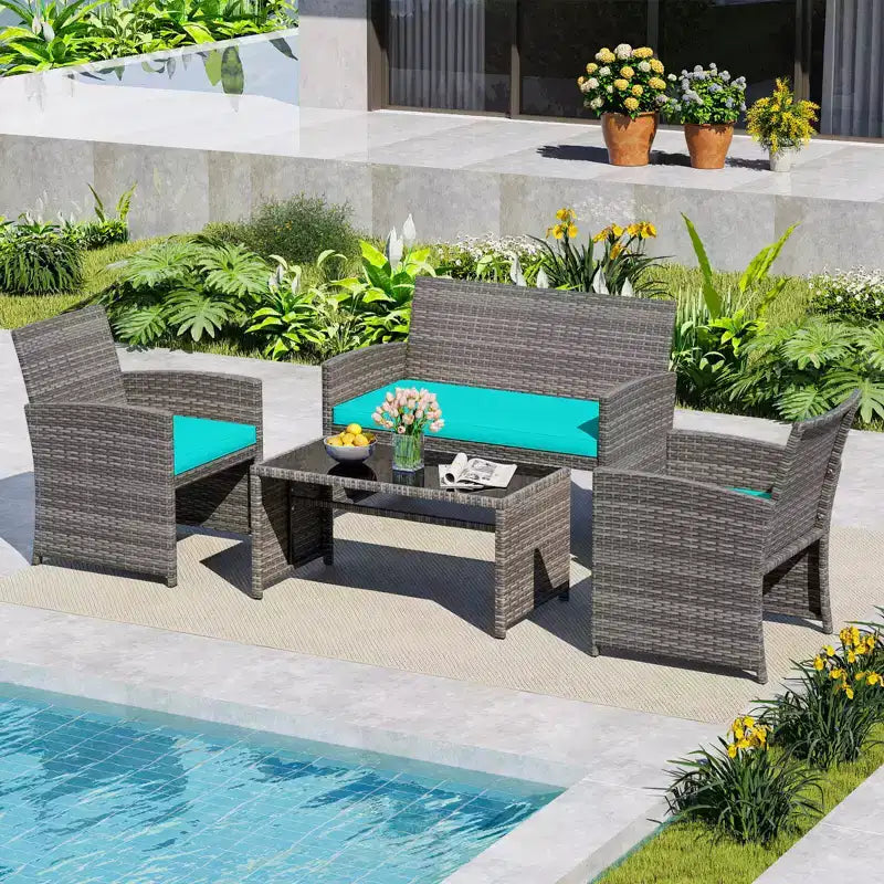Costway Salon de jardin 4 pièces avec coussins d'assise et plateau de table en verre trempé, Extérieur Rouge/Noir/Blanc cassé/Gris/Turquoise/Bleu marine