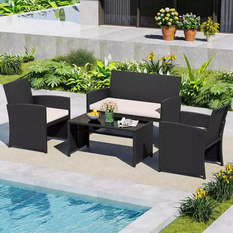 Costway Salon de jardin 4 pièces avec coussins d'assise et plateau de table en verre trempé, Extérieur Rouge/Noir/Blanc cassé/Gris/Turquoise/Bleu marine