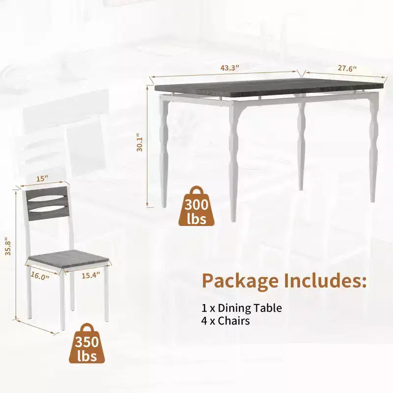 Ensemble de salle à manger 5 pièces pour 4 personnes, ensemble de table de cuisine de 109 cm avec pieds en spirale, table et chaises de cuisine rectangulaires en bois, table de petit-déjeuner peu encombrante