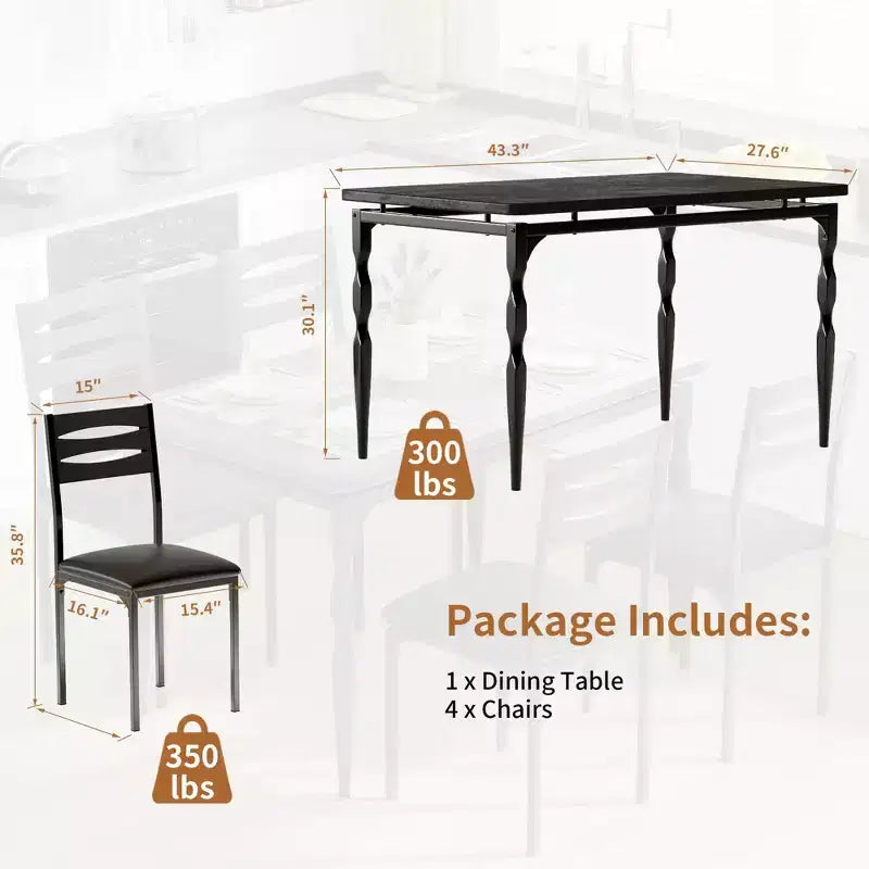 Ensemble de salle à manger 5 pièces pour 4 personnes, ensemble de table de cuisine de 109 cm avec pieds en spirale, table et chaises de cuisine rectangulaires en bois, table de petit-déjeuner peu encombrante