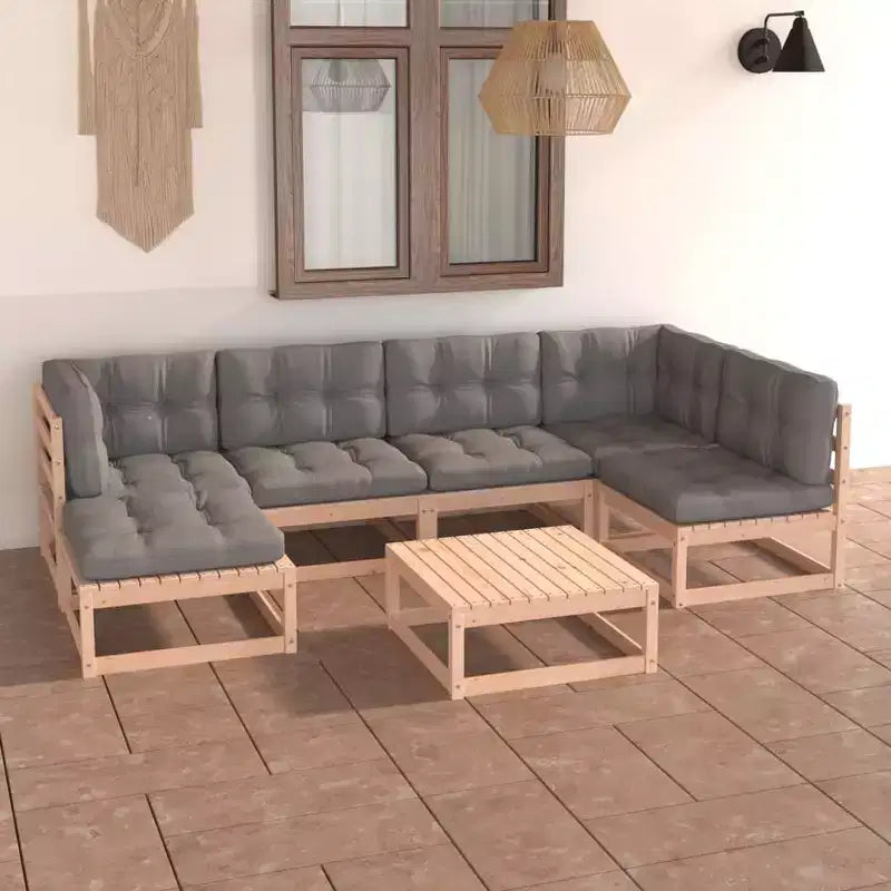 vidaXL Salon de jardin 7 pcs Extérieur Canapé sectionnel Bois de pin massif - Naturel avec coussin
