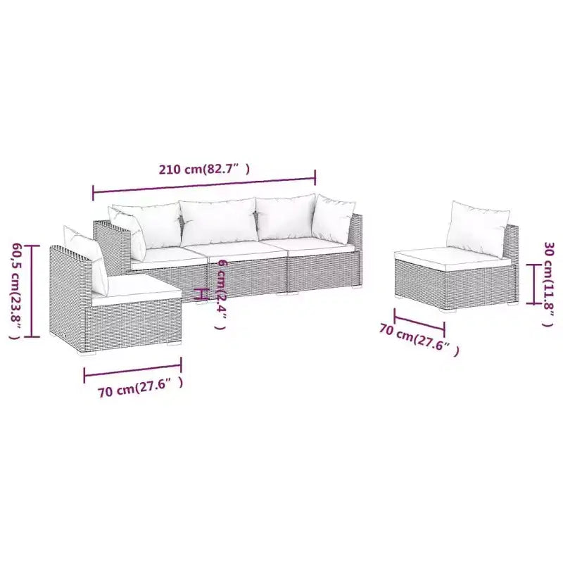 vidaXL Ensemble de salon de jardin en poly rotin marron avec coussins - Canapé d'extérieur modulaire 5 pièces, cadre en acier enduit de poudre, résistant à l'eau