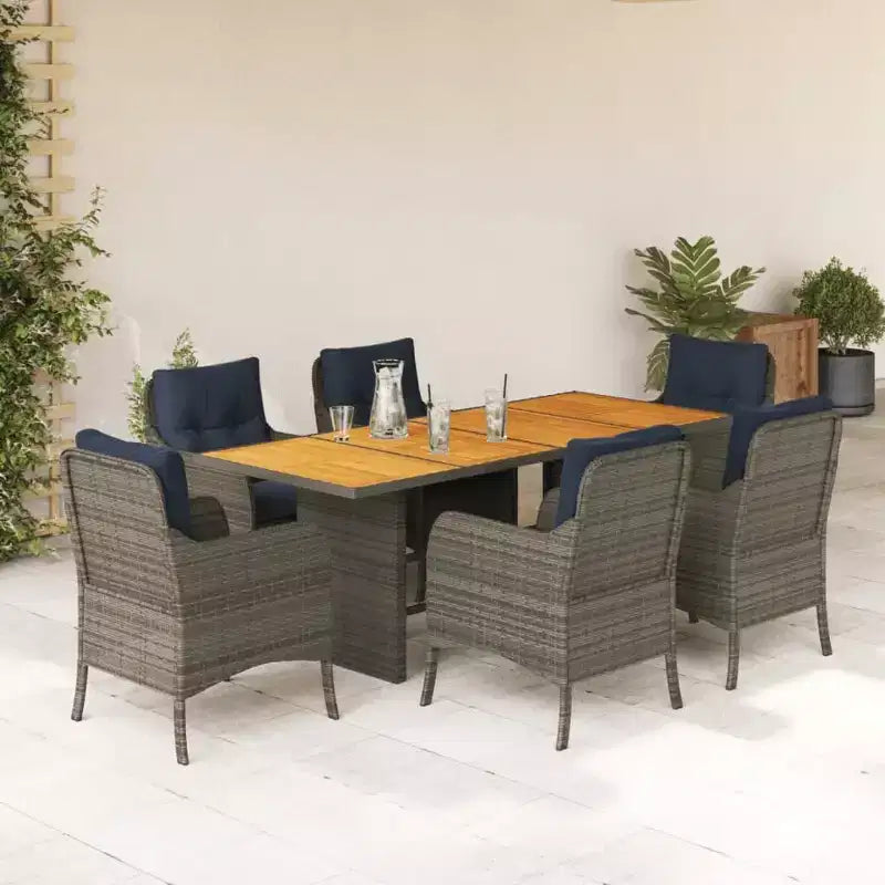 vidaXL Ensemble de salle à manger d'extérieur 7 pièces - Résine tressée et table en bois d'acacia, coussins bleu marine, gris, résistant aux intempéries, confortable