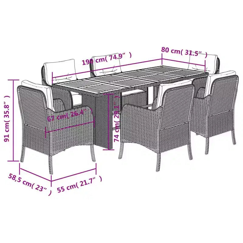 vidaXL Ensemble de salle à manger d'extérieur 7 pièces - Résine tressée et table en bois d'acacia, coussins bleu marine, gris, résistant aux intempéries, confortable