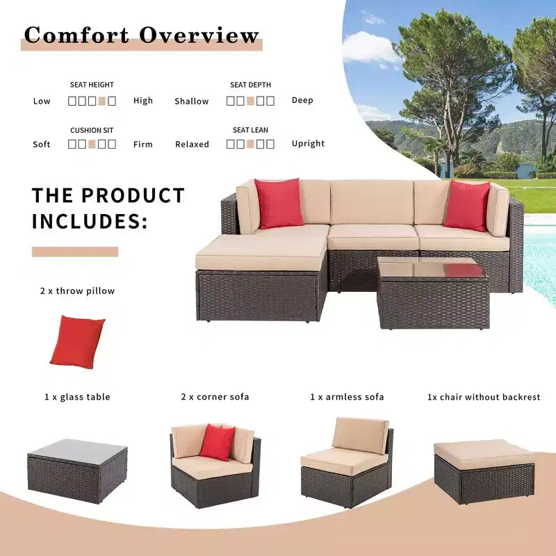 Salon de jardin 5 pièces Celebalcony, canapé et fauteuils en rotin synthétique tressé résistant aux intempéries avec coussins