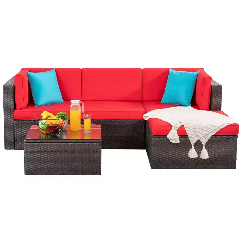 Salon de jardin 5 pièces Celebalcony, canapé et fauteuils en rotin synthétique tressé résistant aux intempéries avec coussins