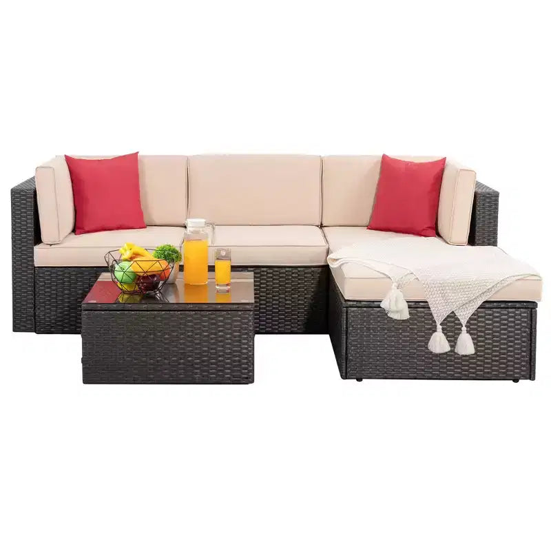 Salon de jardin 5 pièces Celebalcony, canapé et fauteuils en rotin synthétique tressé résistant aux intempéries avec coussins