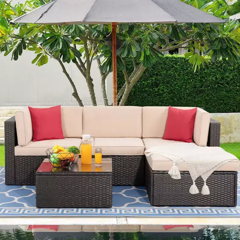 Salon de jardin 5 pièces Celebalcony, canapé et fauteuils en rotin synthétique tressé résistant aux intempéries avec coussins